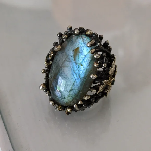 Artisan ring, size 7, silver platted, stone Labradorite, size apx. 3x2 cm - Picture 1 of 9